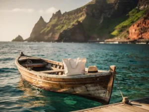 Verweerde houten zeilboot op turquoise Atlantische wateren richting vulkanische Kaapverdische kustlijn, met canvas tas en strohoed op de boeg bij gouden uurszonlicht.