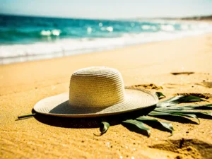 Strooien hoed op goudkleurig zand aan een zonnig Zuid-Afrikaans strand in december, met turquoise oceaan op de achtergrond.