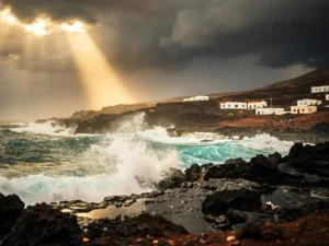 Gouden zonlicht breekt door donkere regenwolken boven de rotsachtige lavakust van Kaapverdië, met turquoise Atlantische golven en een wit dorp op de heuvel.