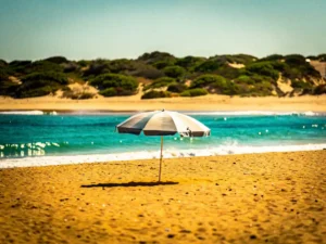 Zonnig Zuid-Afrikaans strand in januari met goudkleurig zand, turquoise water en een eenzame strandparasol onder felle middagzon.