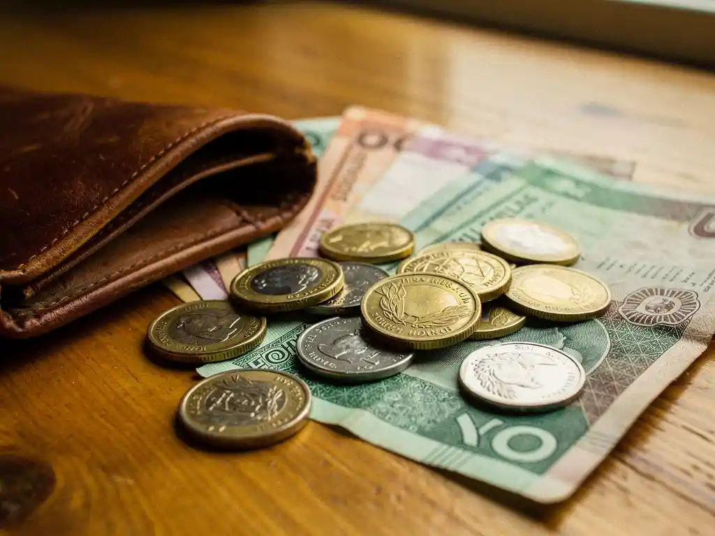 Zuid-Afrikaanse rand munten en bankbiljetten verspreid op houten ondergrond naast een versleten leren reisportemonnee.