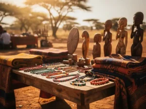 Handgemaakte kralen sieraden, geweven textiel en houten sculpturen op een markt in Zuid-Afrika, met warm gouden savannelight.