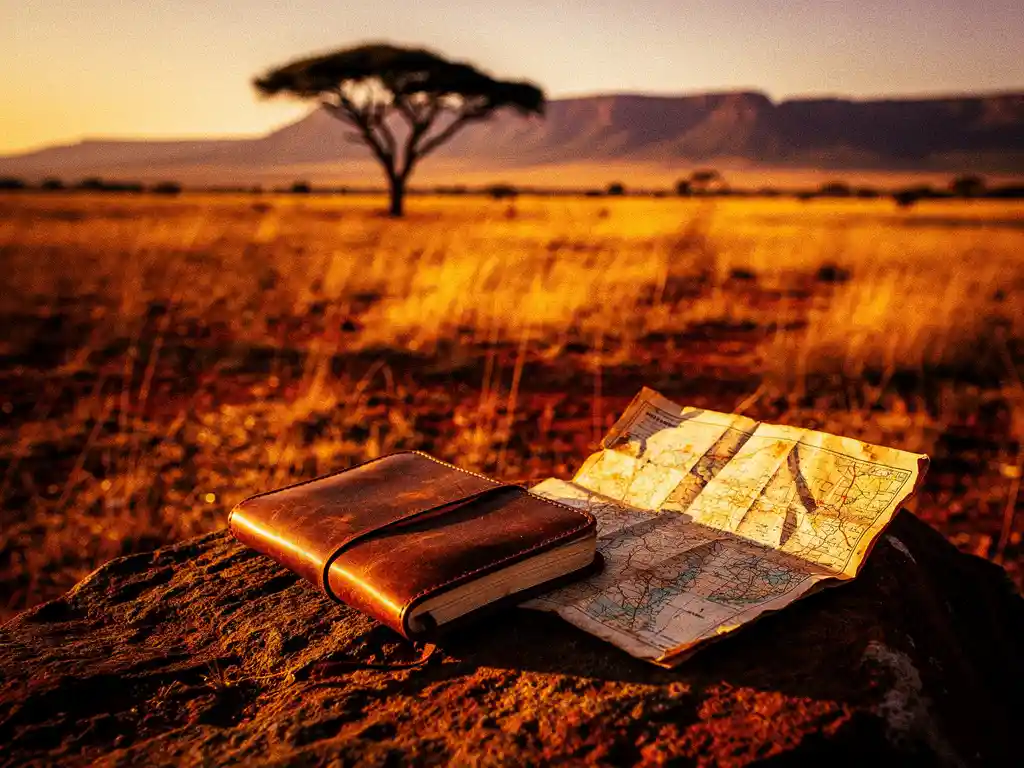 Eenzame acacia-silhouet bij gouden uur boven Zuid-Afrikaanse savanne, met versleten reisdagboek en kaart op zonbeschenen rots op de voorgrond.