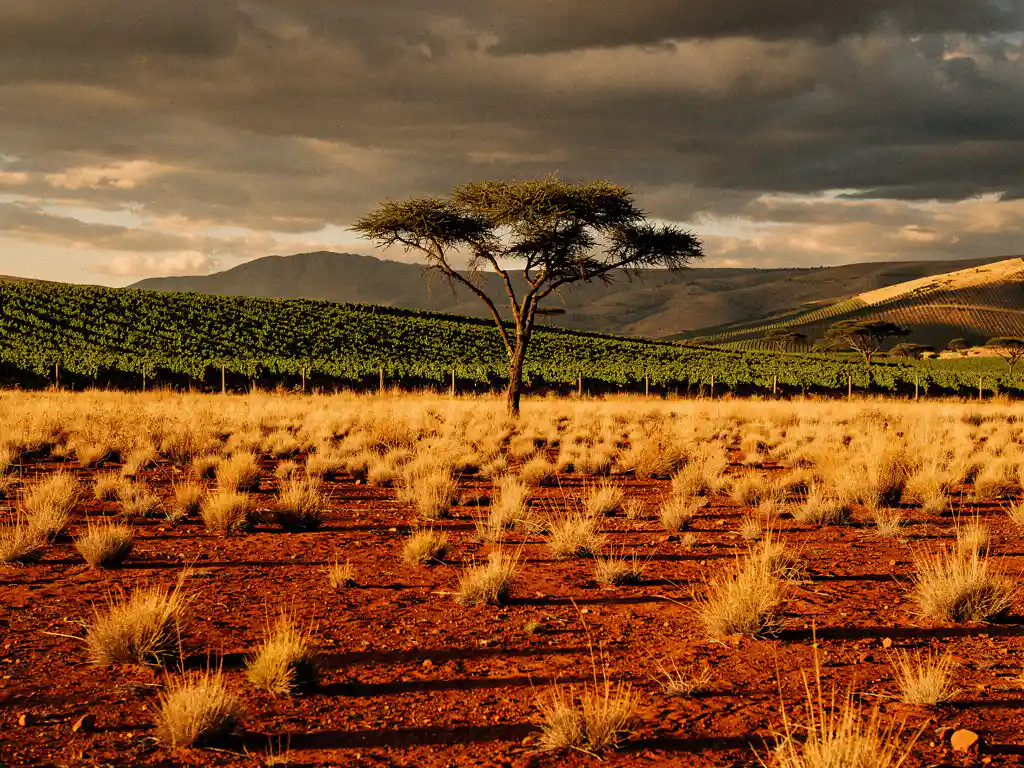 Gouden savanne grenst aan groene wijngaardheuvels in Zuid-Afrika, met een silhouet van een acacia onder dramatische wolken in amberkleurig middaglicht.