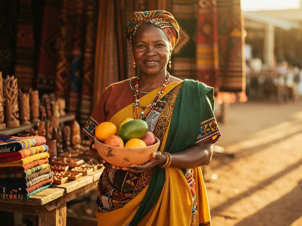 Zuid-Afrikaanse vrouw in kleurrijke traditionele kledij biedt handgemaakte kleikom met vers fruit aan op zonnige buitenmarkt.