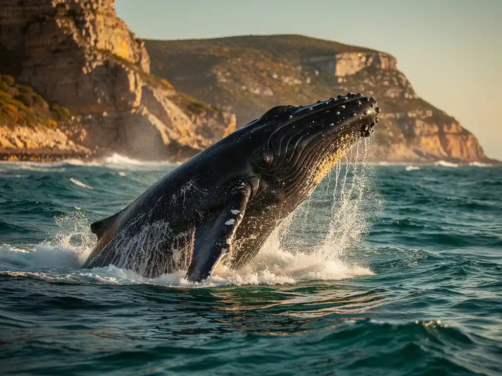 Zuidelijke noordkaper springt uit de turquoise Atlantische Oceaan bij de Zuid-Afrikaanse kust, met dramatische kliffen op de achtergrond.