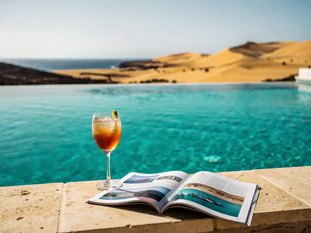 Turquoise infinity pool met uitzicht op een Kaapverdisch strand, cocktail en reistijdschrift op een zonwarme stenen rand, Atlantische Oceaan op de achtergrond.