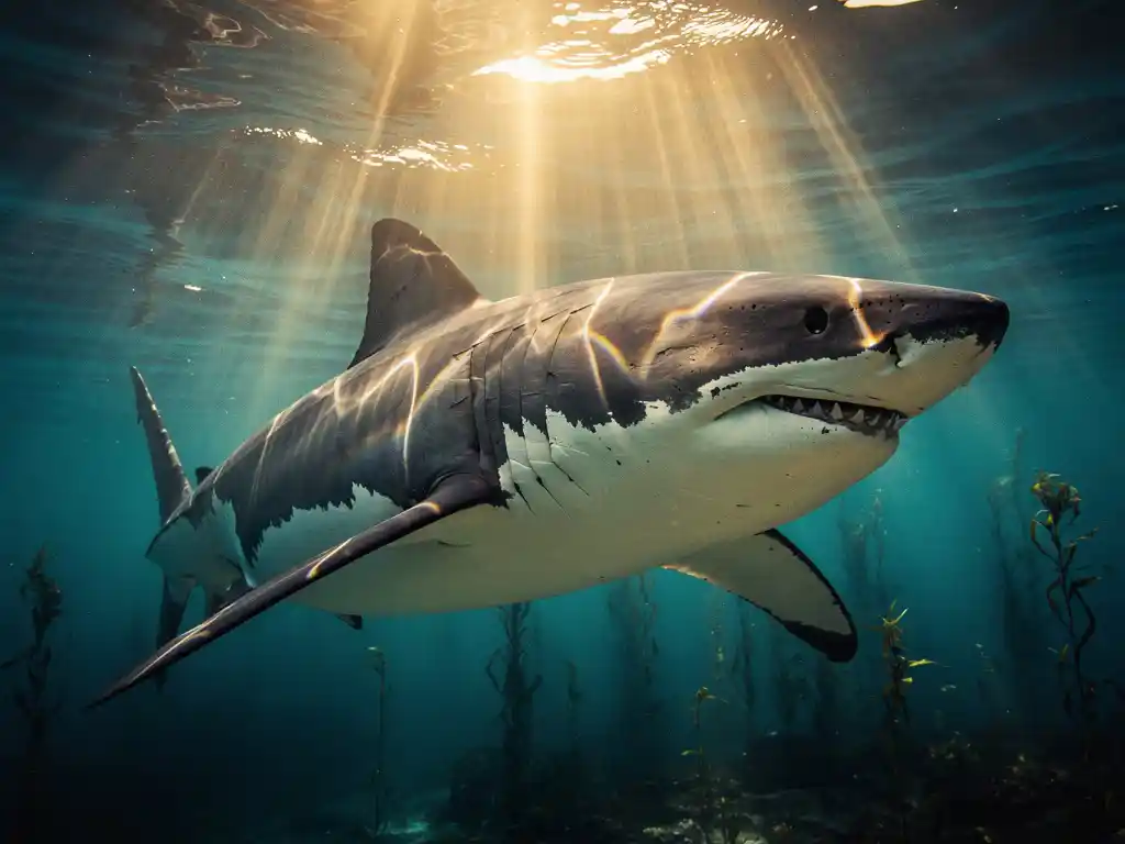 Grote witte haai zwemt onder het wateroppervlak in de Zuid-Afrikaanse oceaan, met gouden lichtstralen en kelp op de achtergrond.