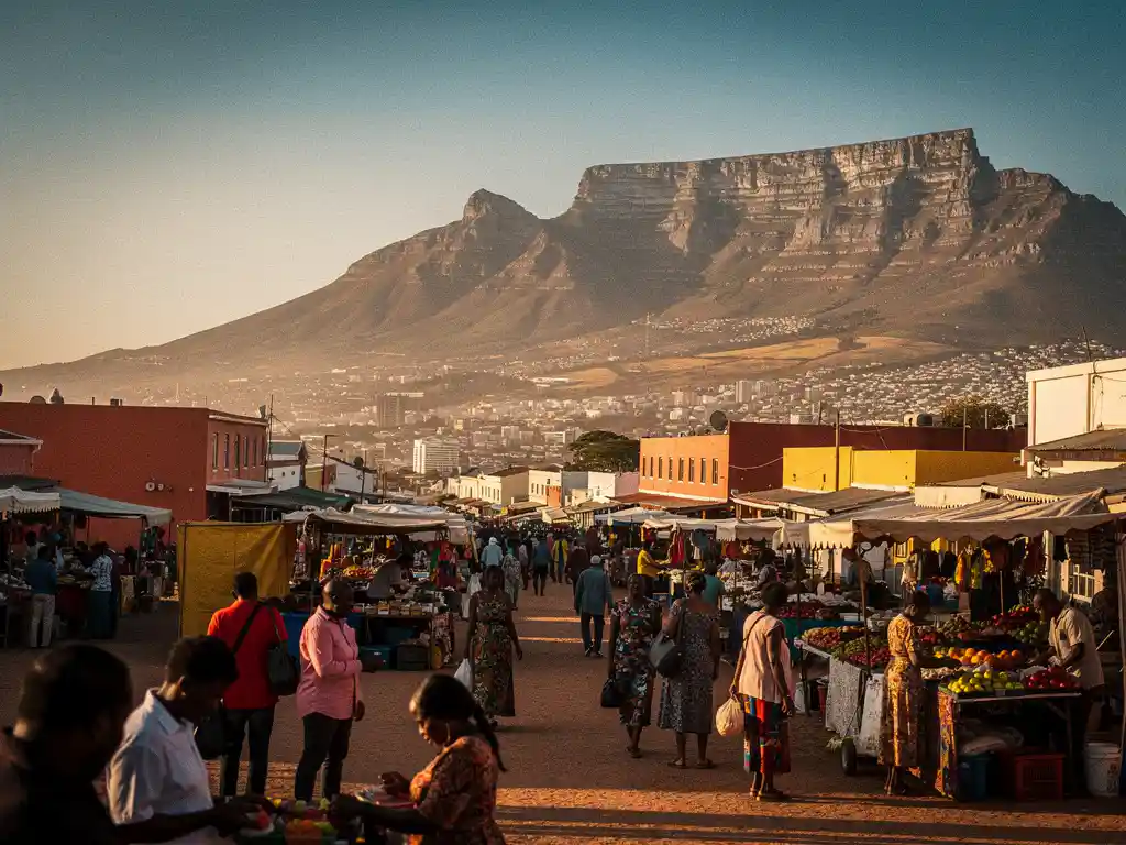Drukke buitenmarkt in Kaapstad met diverse menigte, Tafelberg op de achtergrond, in warm gouduur licht.
