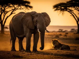 Afrikaanse olifant en rustende leeuw in gouden avondlicht op de Zuid-Afrikaanse savanne met acacia-silhouetten.