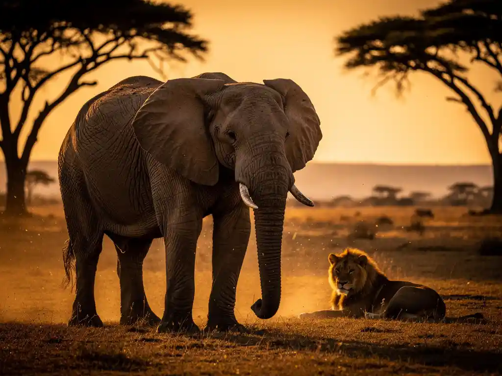 Afrikaanse olifant en rustende leeuw in gouden avondlicht op de Zuid-Afrikaanse savanne met acacia-silhouetten.