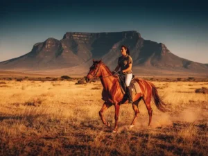 Ruiter op kastanjebruin paard galoppeert door Zuid-Afrikaanse savanne met tafelberg aan de horizon tijdens gouden uur.
