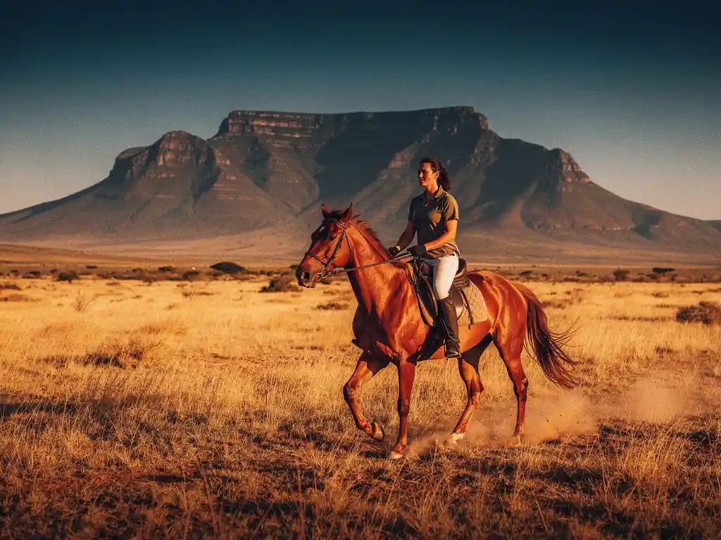 Ruiter op kastanjebruin paard galoppeert door Zuid-Afrikaanse savanne met tafelberg aan de horizon tijdens gouden uur.