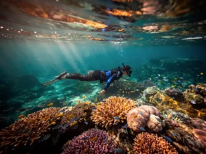 Snorkelaar drijft boven levendig koraalrif met kleurrijke vissen, gouden zonnestralen breken door turquoise water aan de Zuid-Afrikaanse kust.