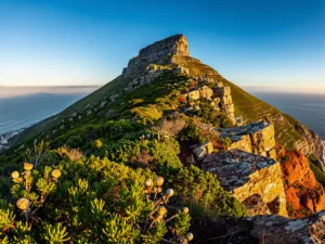 Tafelberg boven Kaapstad in gouden avondlicht, met groene fynbos op rotsachtige hellingen en de Atlantische Oceaan op de achtergrond.