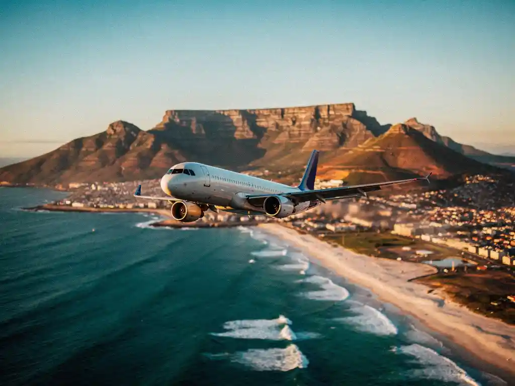Vliegtuig boven Kaapstad met Tafelberg en de turquoise Atlantische Oceaan in warm middaglicht.