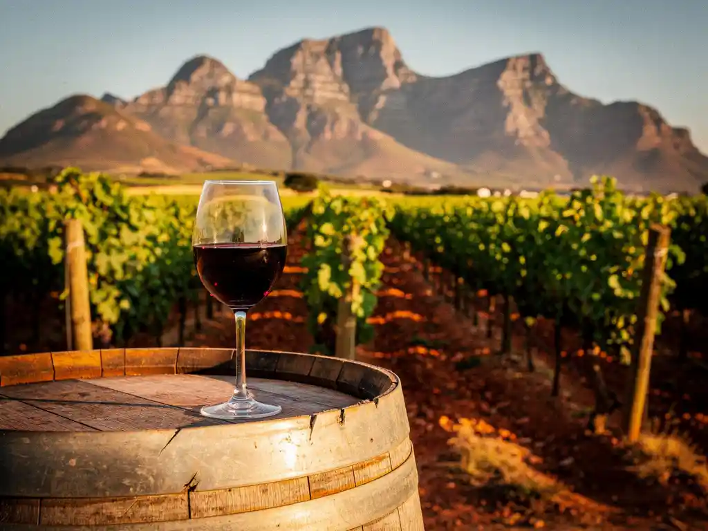 Glas rode wijn op een verweerde houten vat in een zonnige Western Cape-wijngaard met bergtoppen op de achtergrond.