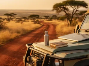 Zonne-energie safari jeep op rood zandpad door Zuid-Afrikaanse savanne met acacia's, veldboek en drinkfles op motorkap, gouduur licht.