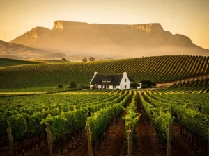 Zuid-Afrikaanse wijngaard bij gouden uur met groene wijnstokken op glooiende heuvels, Cape Dutch boerderij en tafelbergen op de achtergrond.