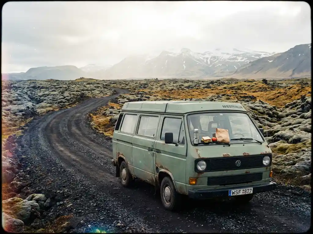 Verweerde campervan op IJslandse lavaweg, omgeven door met mos begroeide lavavelden en besneeuwde bergen, met lunchpakket op de motorkap.