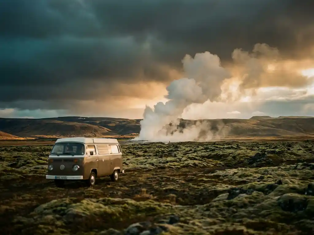 Campervan op een mosbegroeid lavaveld met de Geysir die dramatisch uitbarst op de IJslandse hooglanden onder een gouden lucht.