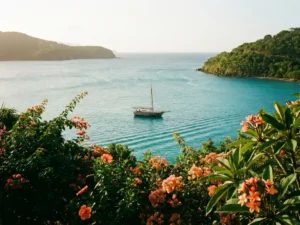 Turquoise Caribische baai gezien vanaf een weelderige vulkanische heuvel, met een klein houten zeilboot tussen twee groene eilandkusten in zachte middaglicht.