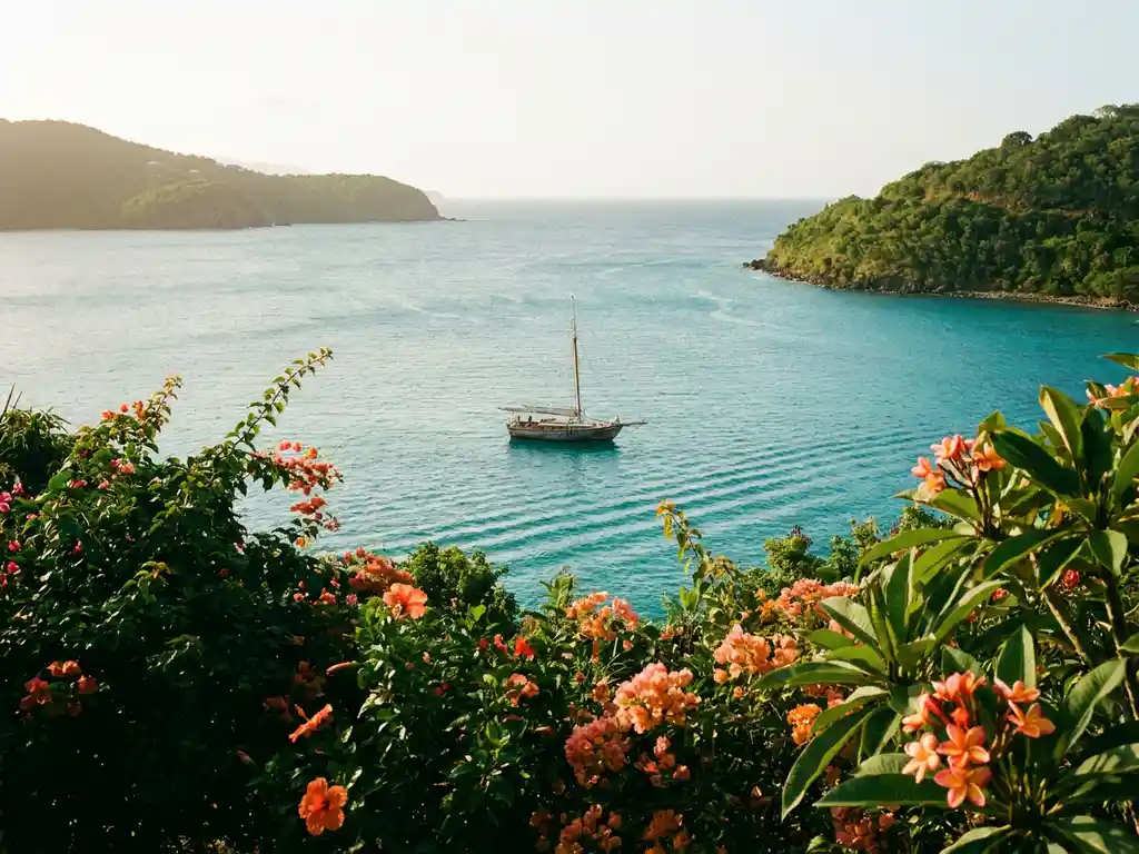 Turquoise Caribische baai gezien vanaf een weelderige vulkanische heuvel, met een klein houten zeilboot tussen twee groene eilandkusten in zachte middaglicht.