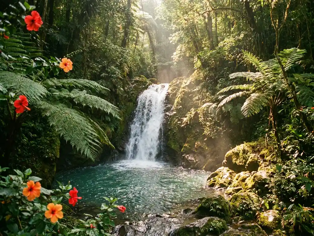 Caribische regenwoudwaterval die neerstort in een helderblauw tropisch zwembad, omgeven door varens en hibiscusbloemen in gouden zonlicht.