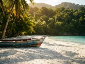 Verlaten wit zandstrand op de Caraïben met turquoise water, tropisch woud op vulkanische heuvels en een houten vissersboot bij zonsondergang.