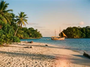 Houten zeilboot voor anker tussen tropisch junglestrand en turquoise Caribisch water in warm goudkleurig licht.
