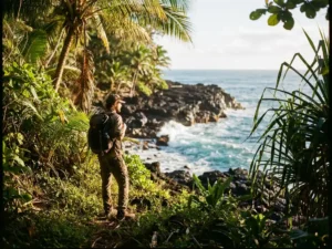 Avonturier aan de rand van een junglepad op een vulkanisch Caribisch eiland, met turquoise golven en gouden zonlicht door tropisch gebladerte.