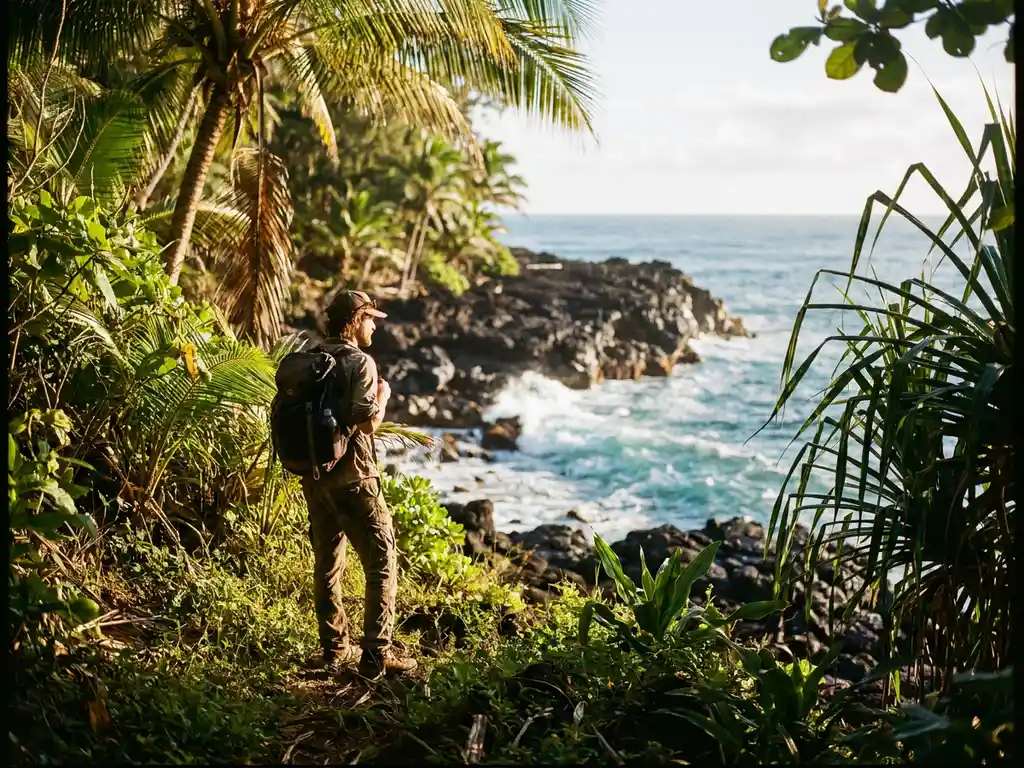 Avonturier aan de rand van een junglepad op een vulkanisch Caribisch eiland, met turquoise golven en gouden zonlicht door tropisch gebladerte.