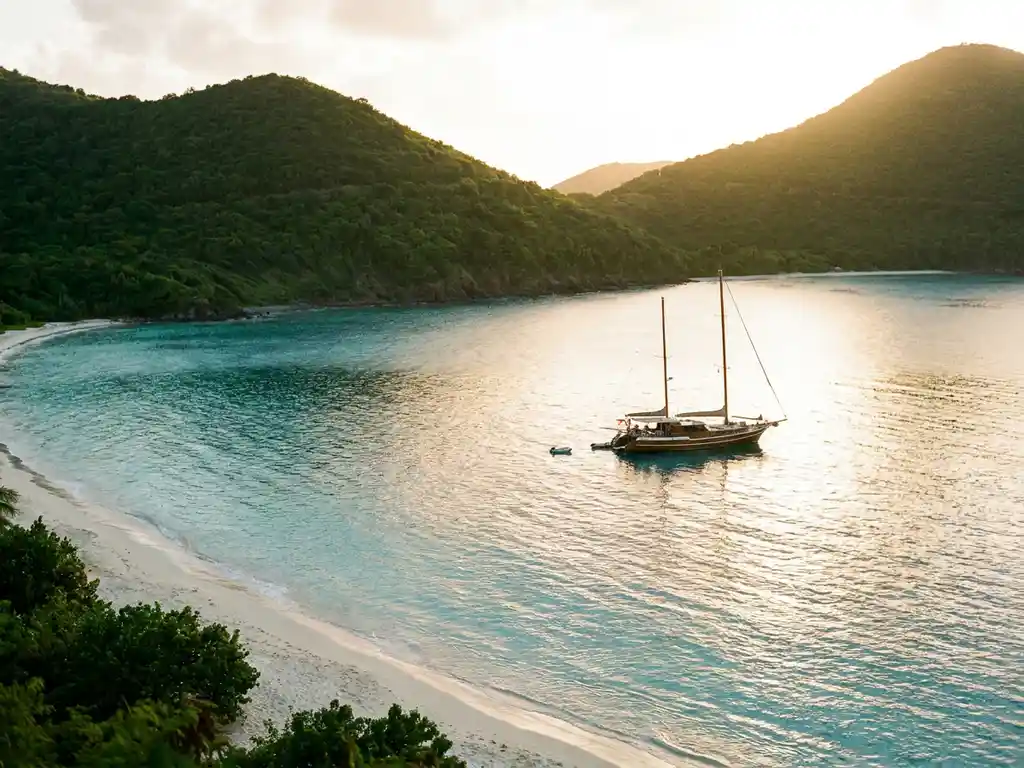 Houten zeilcatamaran voor anker in een turquoise Caribische baai, omgeven door weelderige vulkanische heuvels en een wit zandstrand.