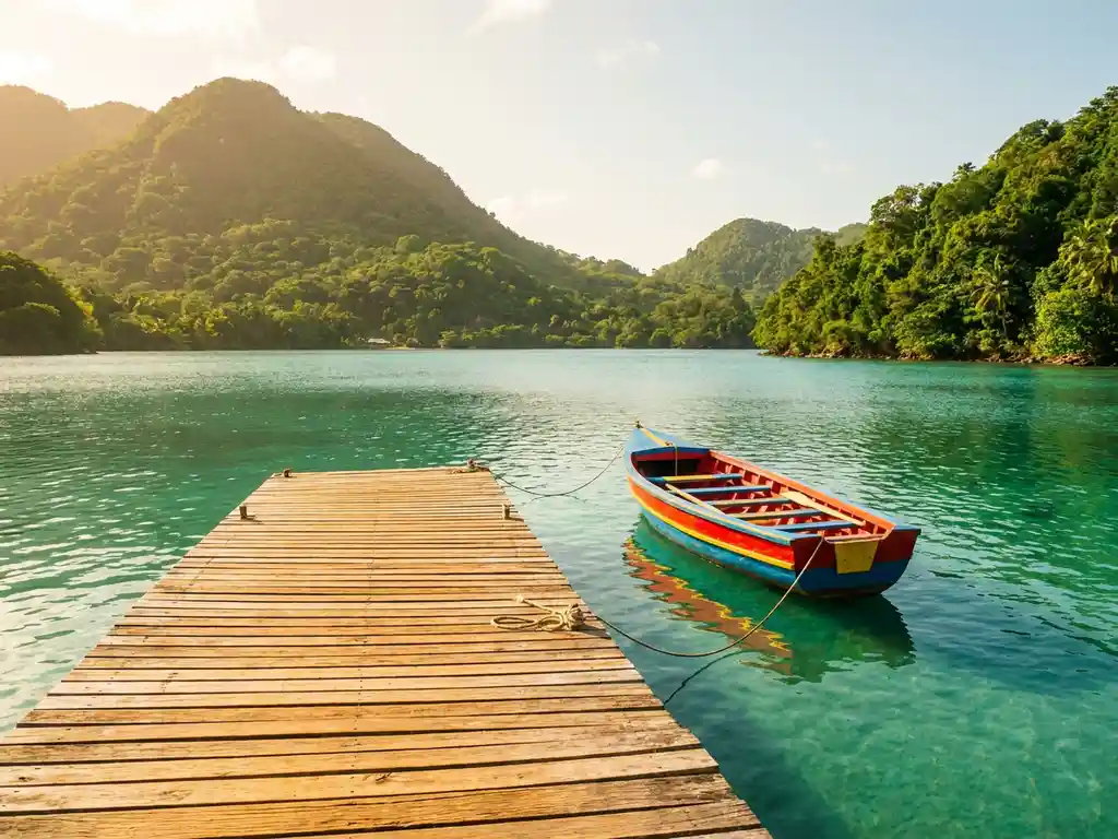 Kleurrijke pirogue afgemeerd aan een verouderde houten steiger in een turkooizen Caribische baai, omringd door groene vulkanische heuvels.