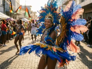 Carnavaldanseres in blauw-gouden verenkostuum danst tijdens gouden uur op een straat in Port of Spain, Trinidad.