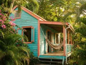 Turquoise en koraalrood creools houten huis op Martinique, omringd door tropische palmen en bougainvillea, met hangmat op veranda in middagzon.