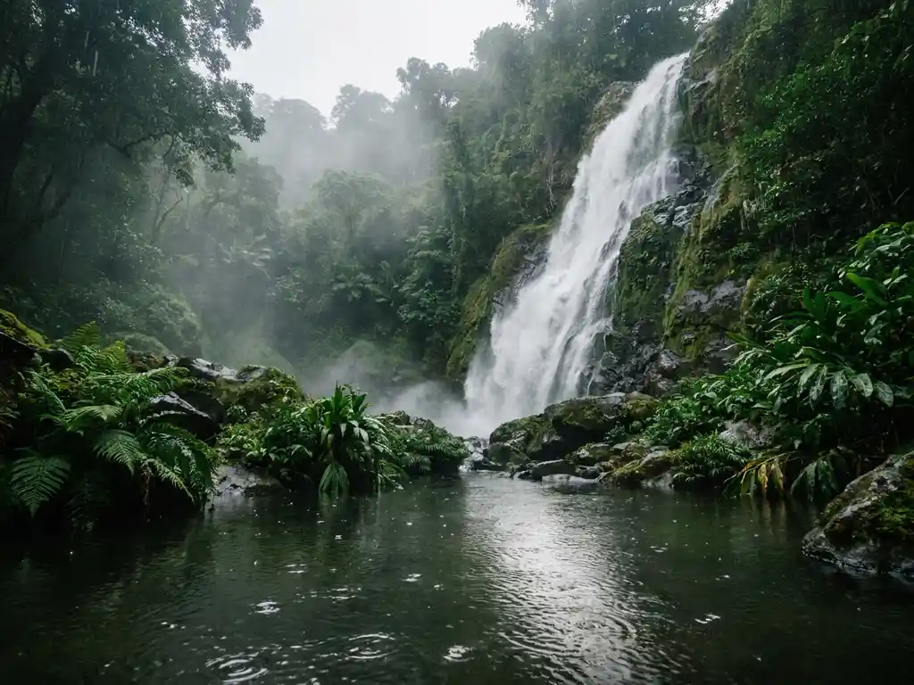 Tropische waterval in Dominica die neerstort over met mos begroeide vulkanische rotsen, omgeven door weelderig regenwoud en oprijzende mist.