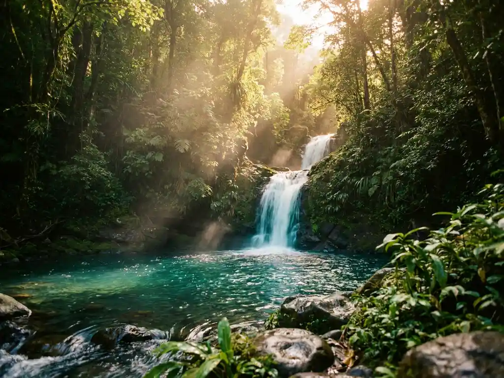 Tropische waterval op Dominica stroomt in een turquoise poel, omgeven door weelderig regenwoud met ochtendmist en gouden zonlicht.