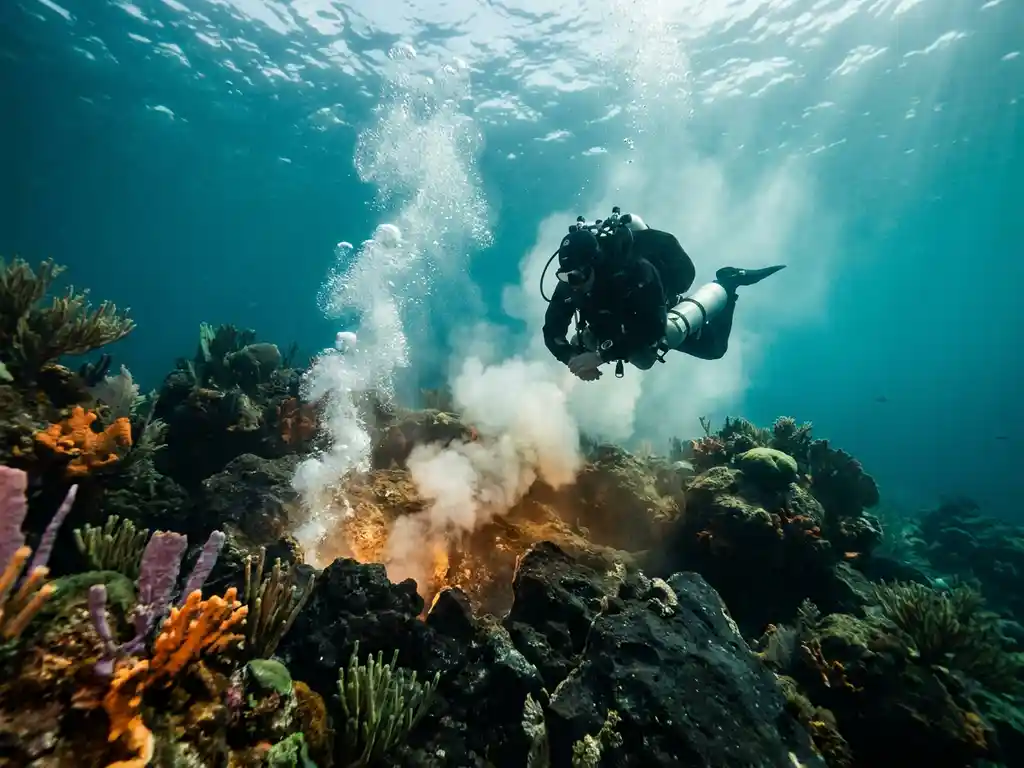 Duiker boven onderzeese vulkanische opening bij Dominica, met opstijgende zwavelwitte rookpluimen door turquoise Caribisch water en koraal.