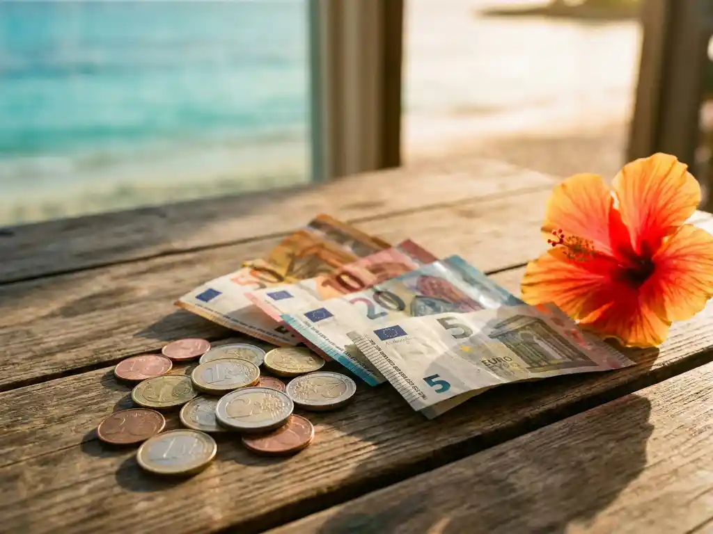 Euro munten en biljetten op verweerd hout, naast tropische bloem met Caribisch turquoise water op de achtergrond.