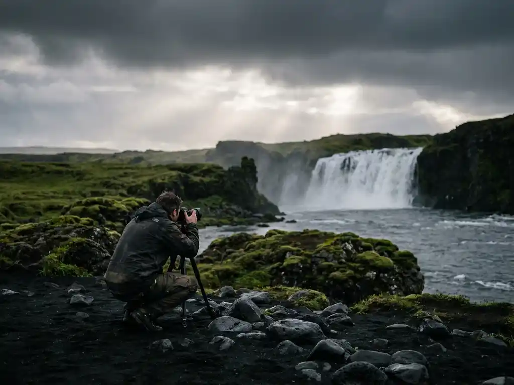 Fotograaf hurkt op zwart vulkanisch lavastrand in IJsland met waterval en mosbegroeid lavaveld op de achtergrond.