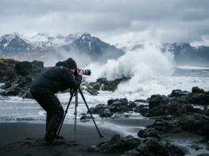 Fotograaf op zwart lavastrand in IJsland fotografeert krachtige golf tegen scherpe rotsen, met besneeuwde bergen op de achtergrond.