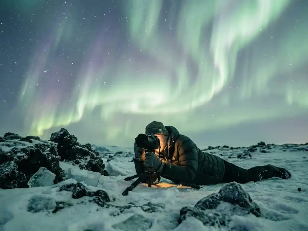 Fotograaf liggend op besneeuwd IJslands landschap fotografeert smaragdgroen en violet noorderlicht boven sterrenhemel.
