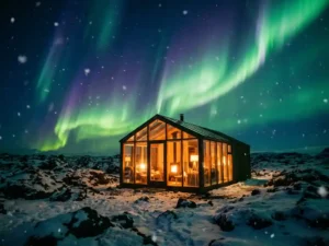 Glazen hut verlicht met warm amber licht midden in besneeuwd IJslands lavaveld, met levendig groen en violet noorderlicht boven de nachtelijke hemel.
