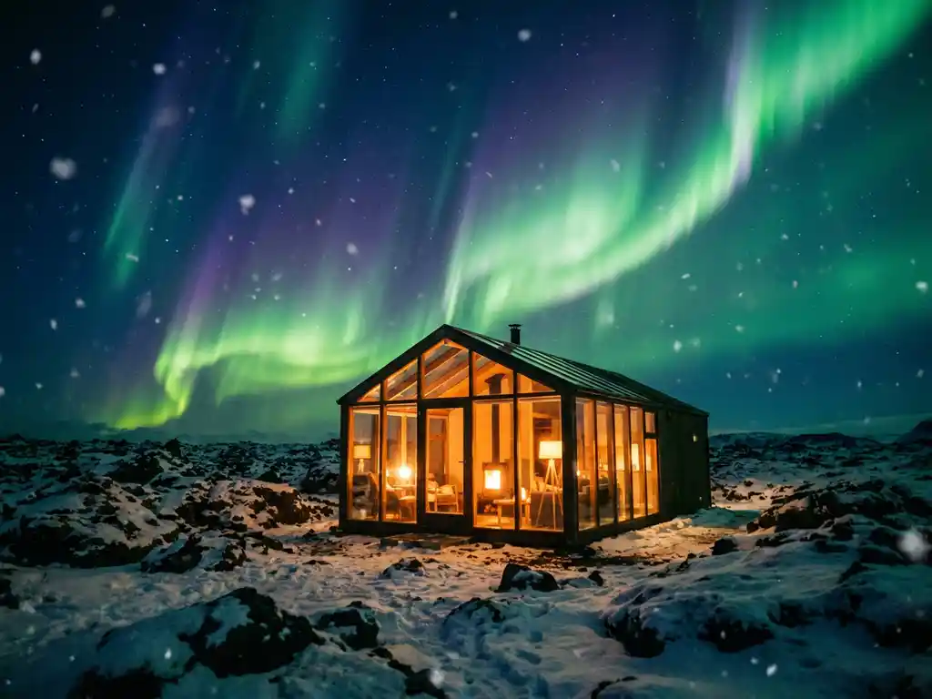 Glazen hut verlicht met warm amber licht midden in besneeuwd IJslands lavaveld, met levendig groen en violet noorderlicht boven de nachtelijke hemel.