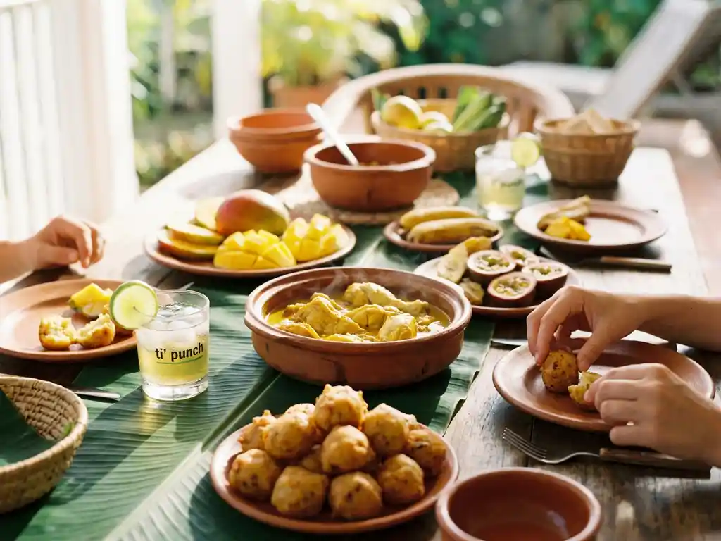 Guadeloupaanse gerechten op rustiek houten tafel: accras de morue, colombo curry, tropisch fruit, bananenbladeren en een glas ti' punch in warm Caribisch licht.