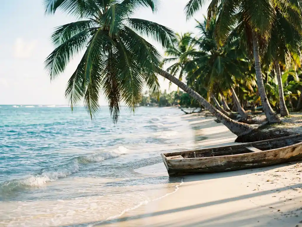 Wit zandstrand op Guadeloupe met turquoise Caribisch water, weelderige palmbomen en een houten pirogue op de oever in gouden zonlicht.