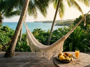Gastenhuis terras in Guadeloupe met hangmat tussen palmbomen, tropisch fruit op houten tafel en turquoise Caribische zee op de achtergrond.
