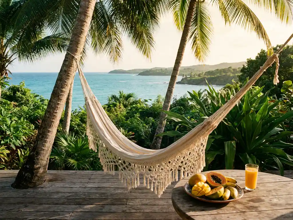 Gastenhuis terras in Guadeloupe met hangmat tussen palmbomen, tropisch fruit op houten tafel en turquoise Caribische zee op de achtergrond.