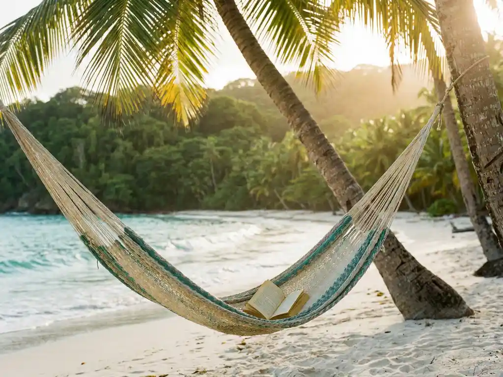 Hangmat tussen twee palmbomen op verlaten wit strand met opengeslagen boek, turquoise golven en gouden avondlicht in de Caraïben.
